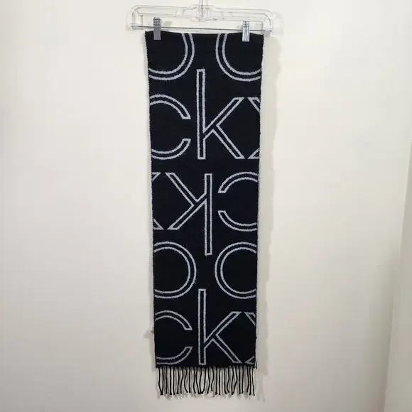 Calvin Klein gray & black CK logo reversable long scarf with fringe detail - Picture 2 of 8